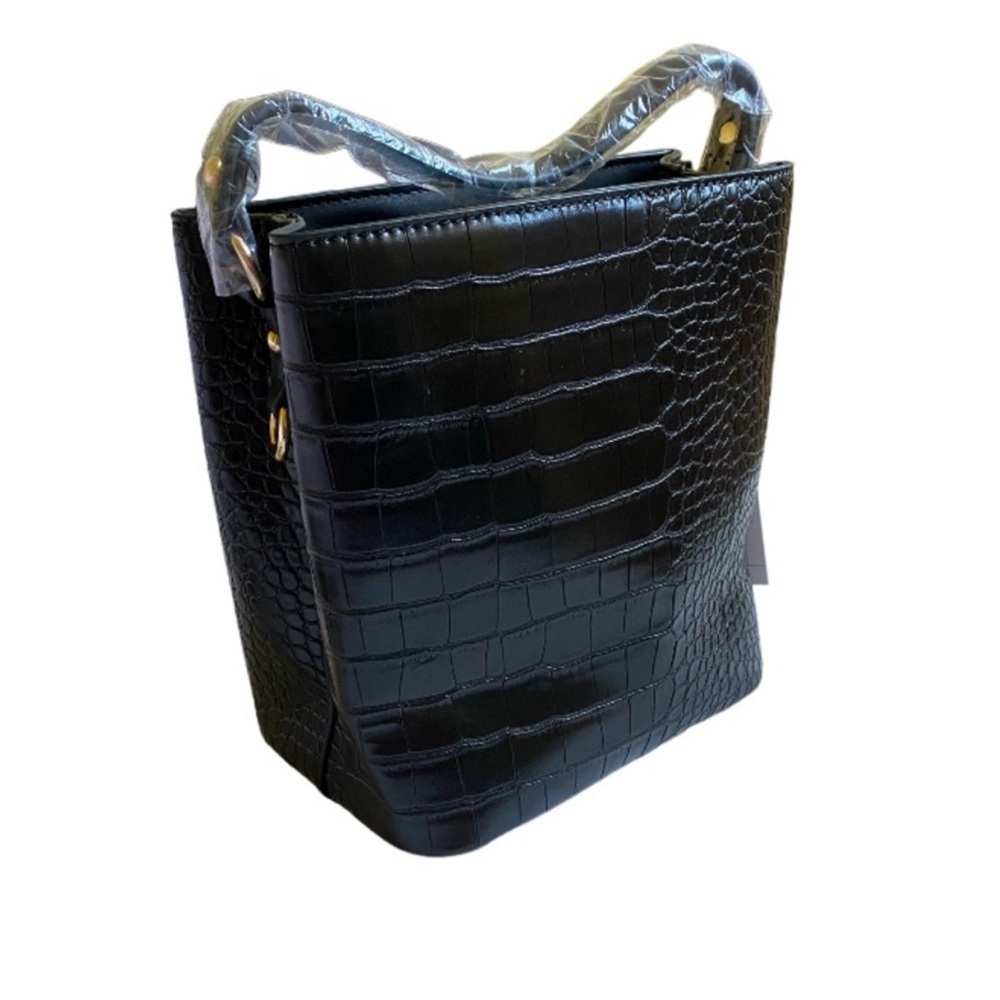 New Aota Elena Vegan Leather Croc Embossed Crossbody Bucket Bag Black - Picture 3 of 12